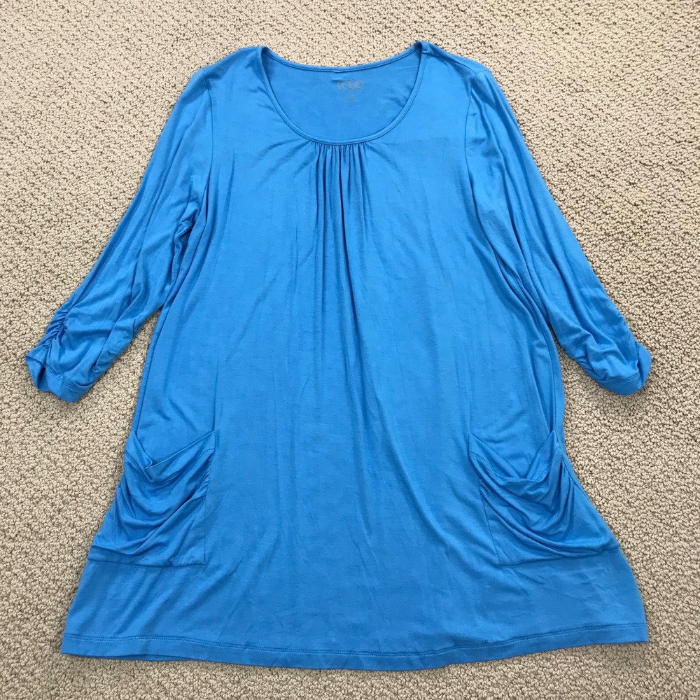 LOGO Lori Goldstein Blue Pleated Tunic Topā 3/4 Ruched Sleeve Pockets Womens M